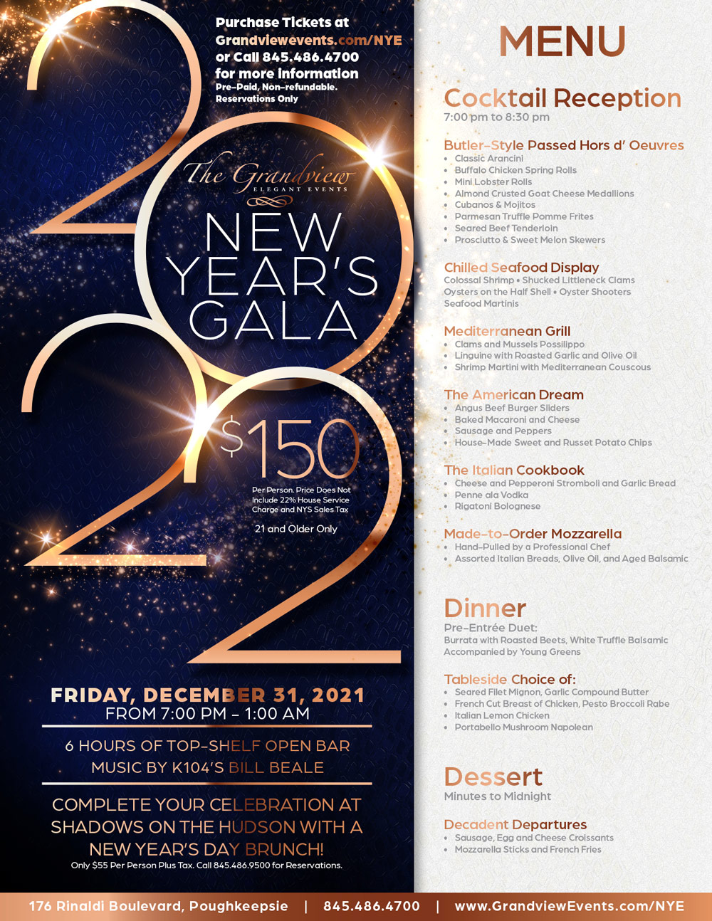 The Grandview New Year's Eve Gala Menu Flyer